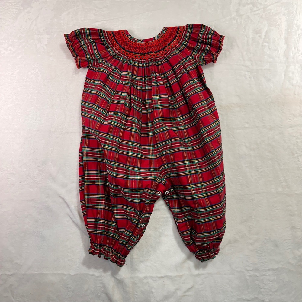 Classic Whimsy Smocked Romper 12M Red Tartan Plaid Holiday Christmas Baby Girls